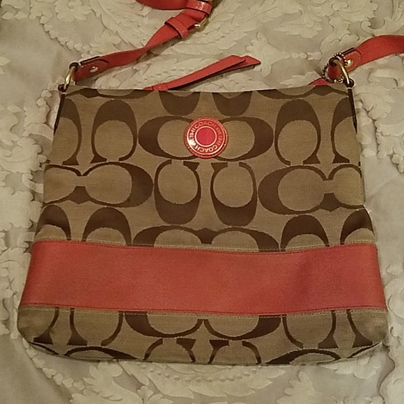 Coach signature brown with melon stripe bag - Picture 1 of 4